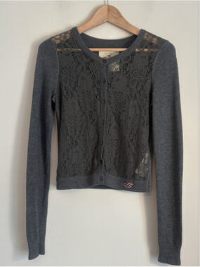 Vtg Y2K Hollister Gray Lace Front Knit Cardigan Sweater S Twilight Bella Swan